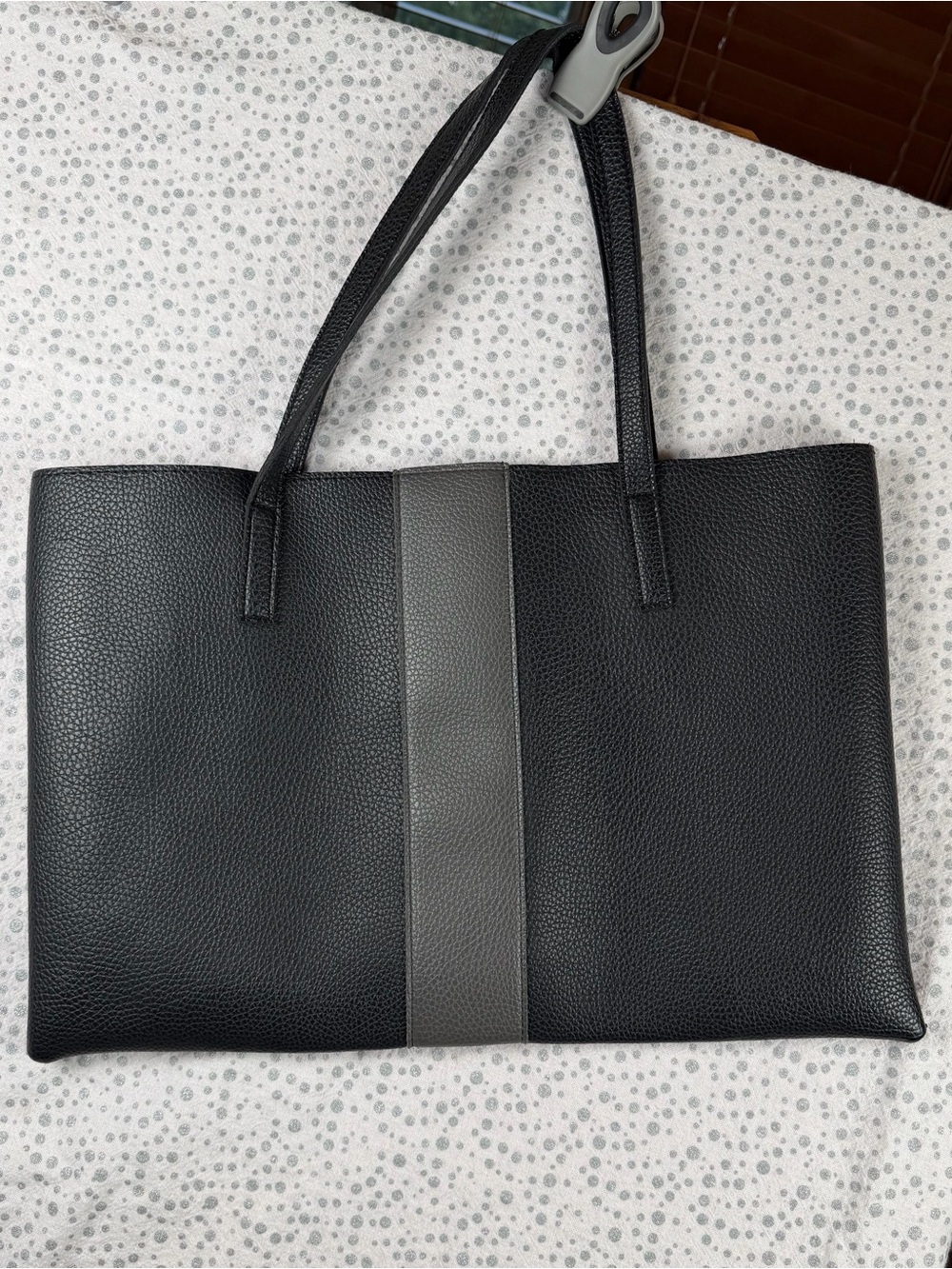 Vince Camuto Luck Black Tote Bag with Gray Center Stripe